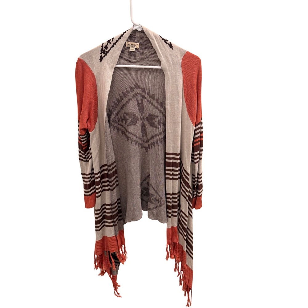 One World Tribal Pattern Fringe Cardigan Sweater